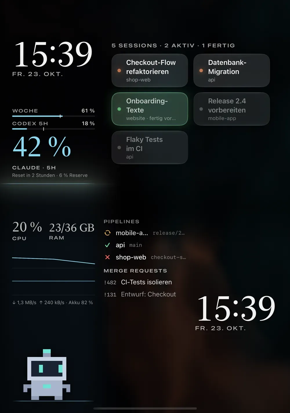 iPhone Duo unfolded, sessions and usage on top, the dev page below.