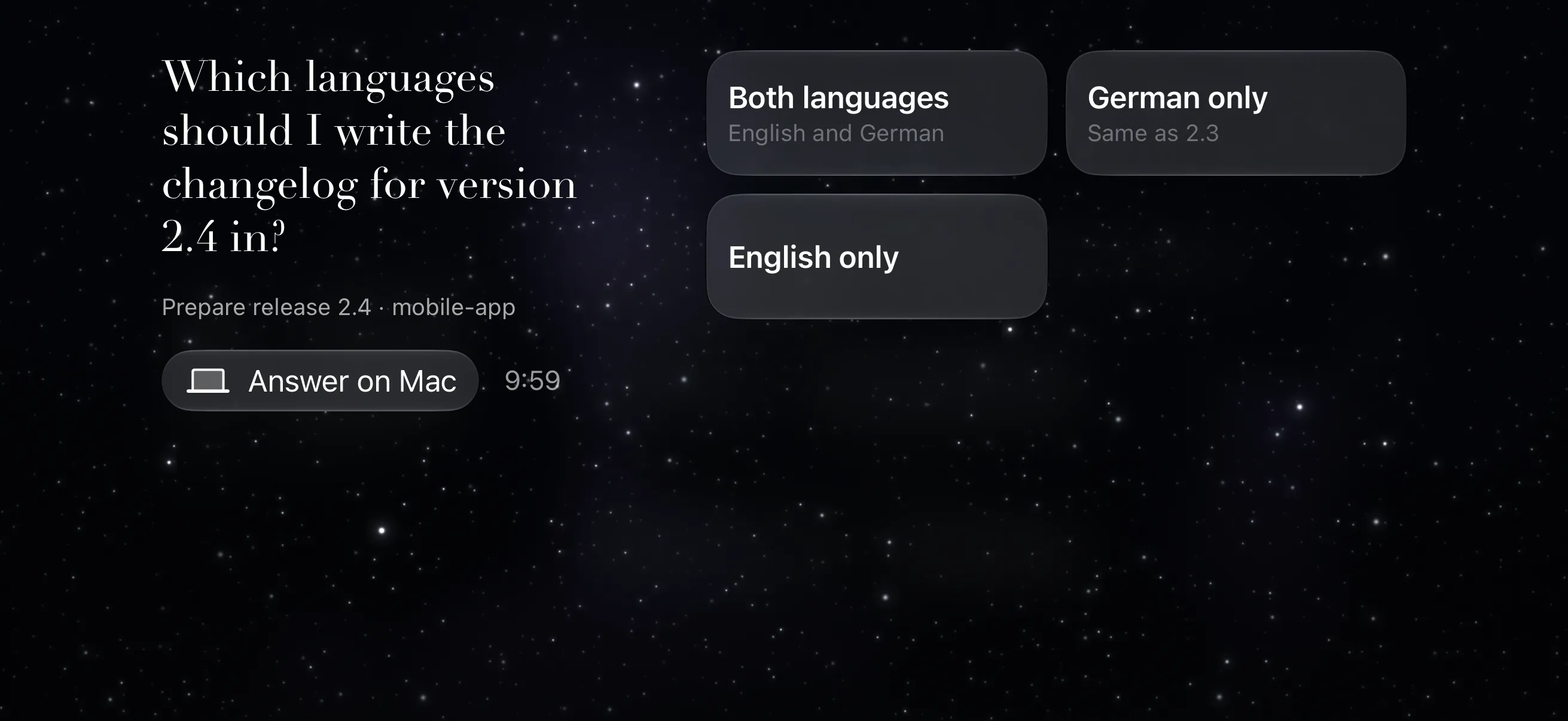 Amberlight shows an agent's question with three answers to tap.
